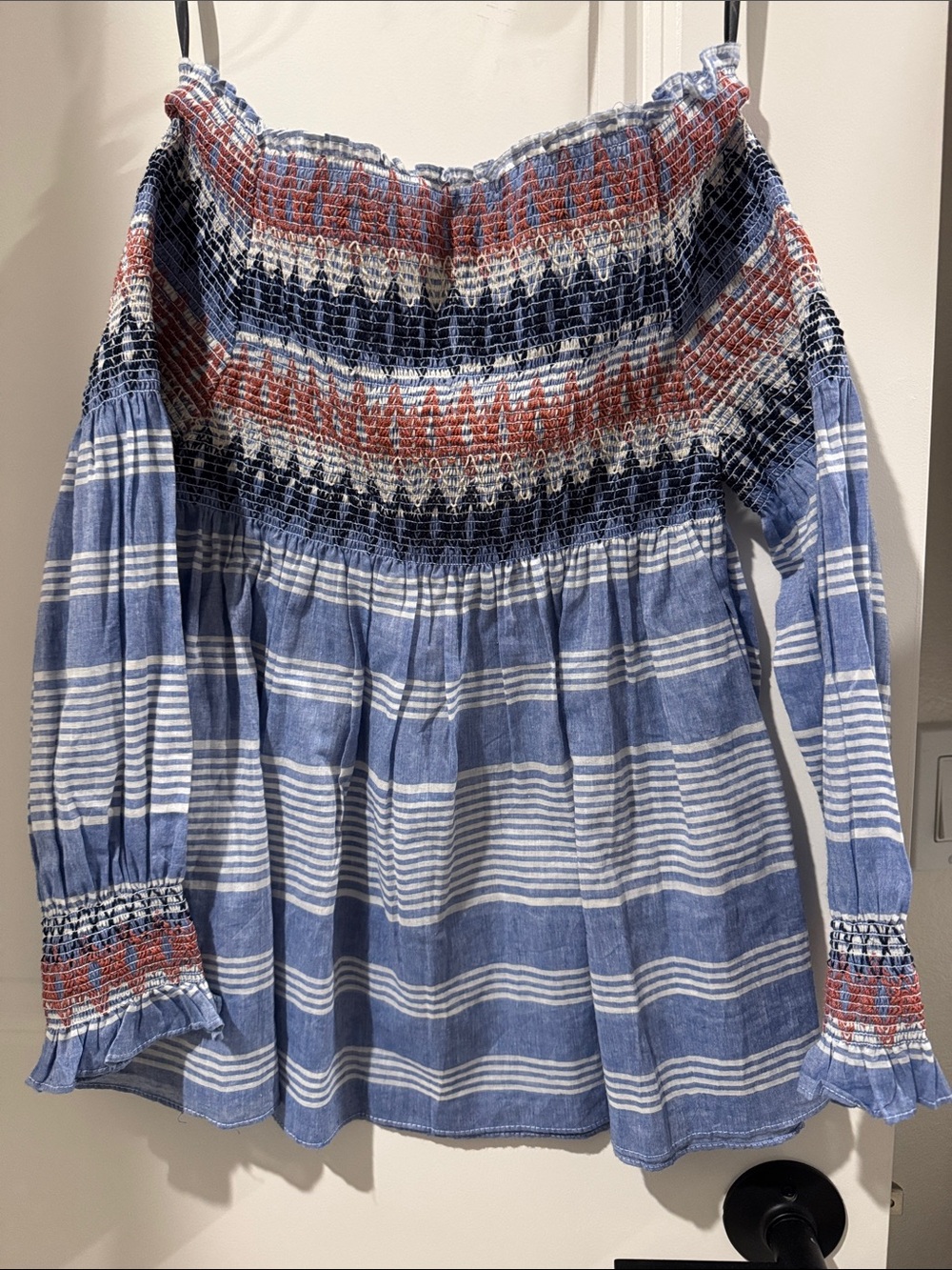 THML Blue and White Striped Off-Shoulder Smocked Tunic with Red Embroidery